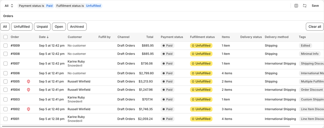 Shopify orders with a Clear all filters button beside active filters.