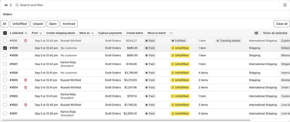 Shopify order row selected by clicking the empty area of the row.