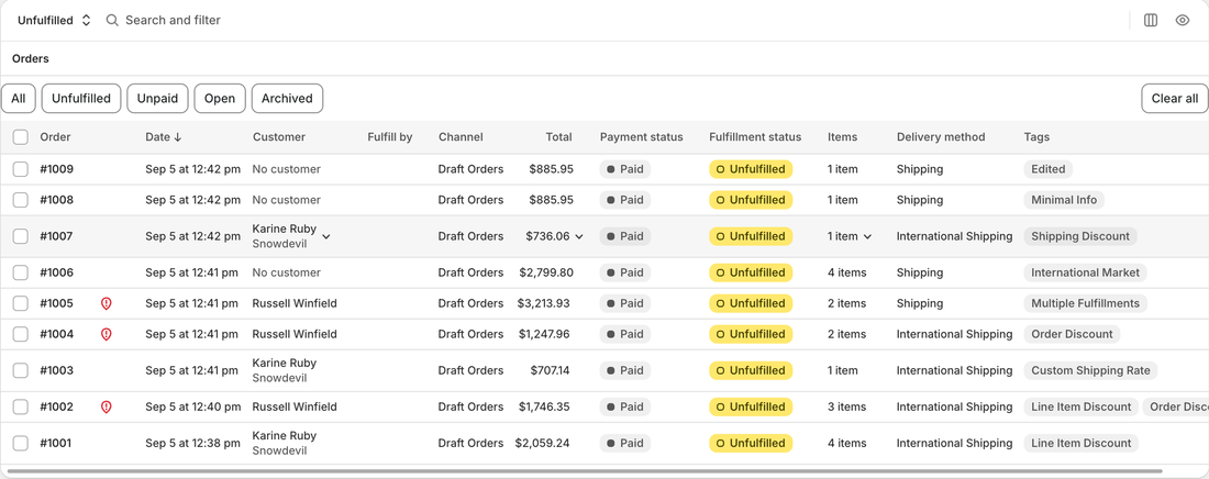Shopify orders with saved views displayed as filter tabs above the table.
