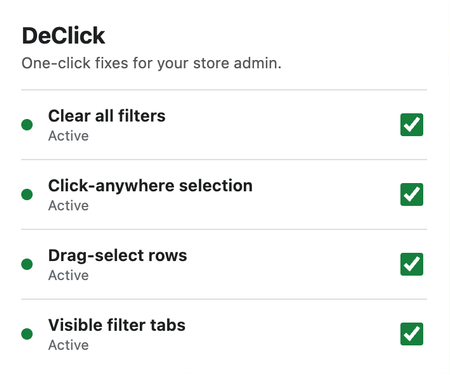 DeClick popup showing a separate switch and status for each of the four fixes.